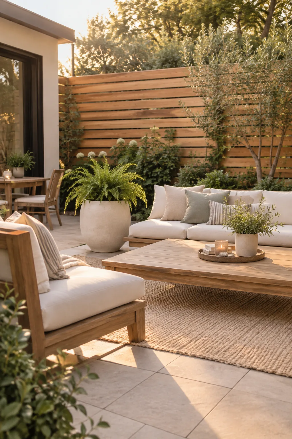 Modern backyard fence with horizontal cedar slats