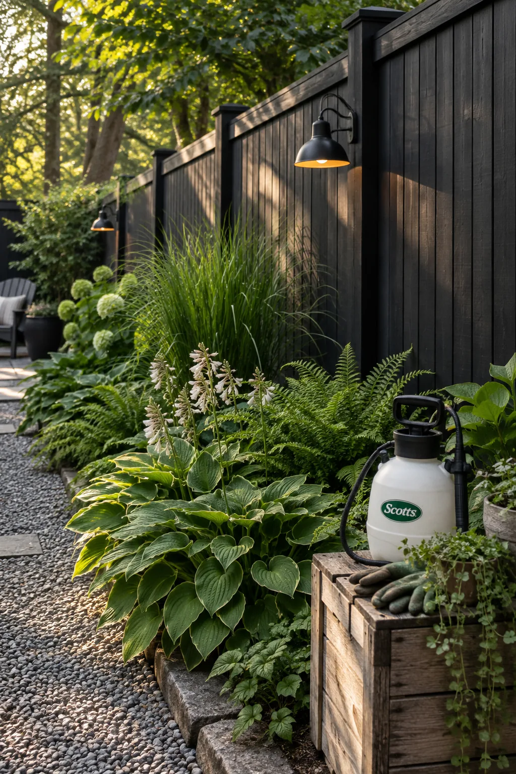 Backyard garden with a matte black painted wooden fence