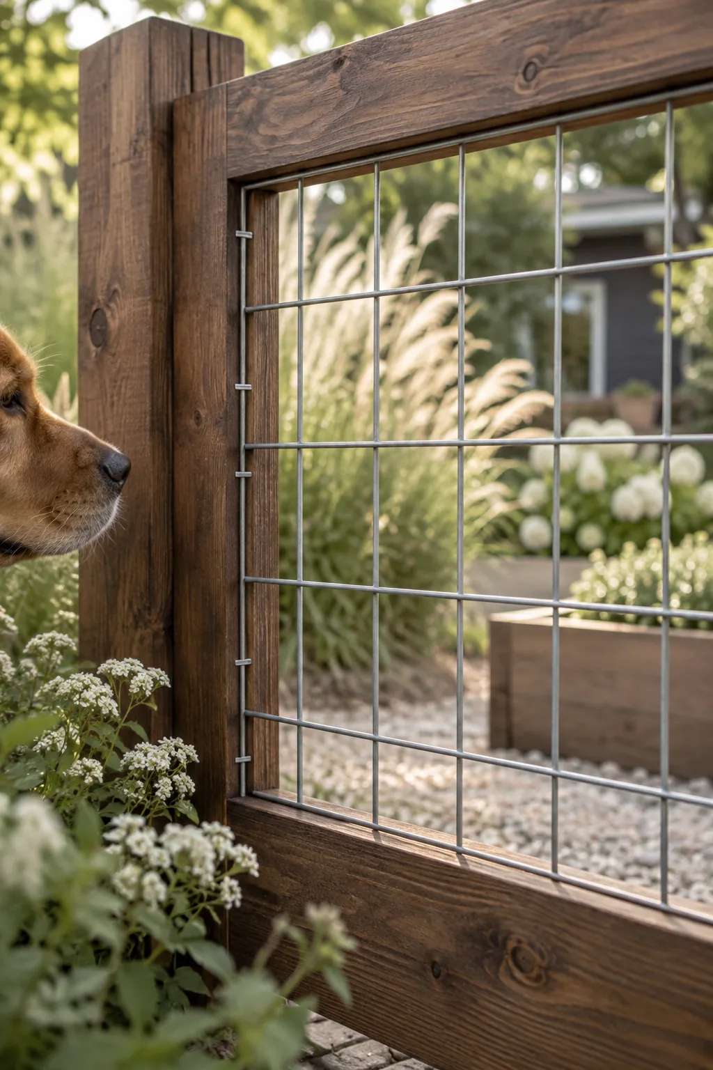 Wood framed fence with wire mesh panels