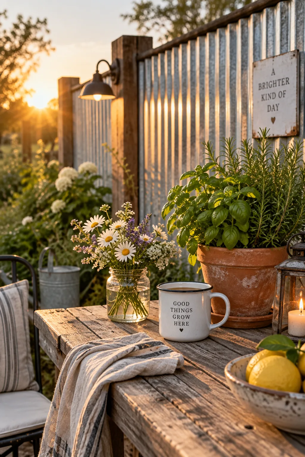 Modern farmhouse fence with corrugated metal panels and wood posts
