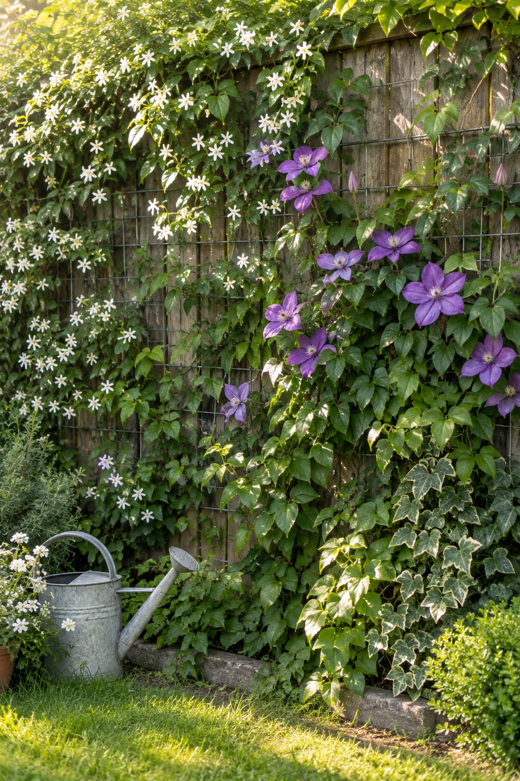 Wooden fence covered in lush green climbing vines