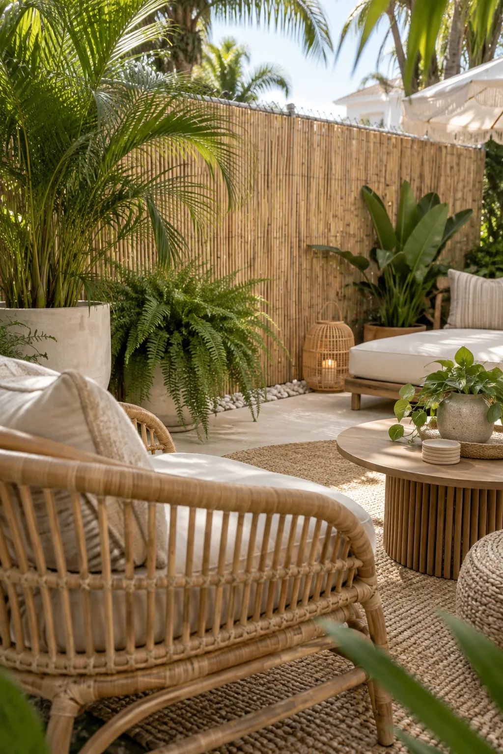Chain link fence covered with rolled bamboo screening