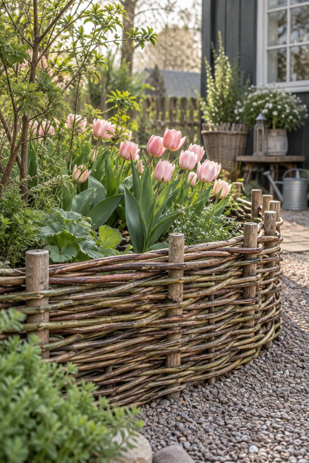 Low woven wattle fence made of natural branches