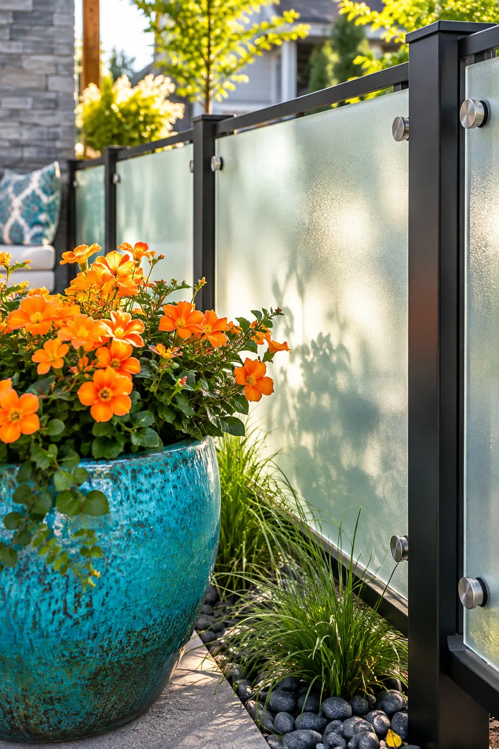 Modern privacy fence with frosted glass panels and steel framing