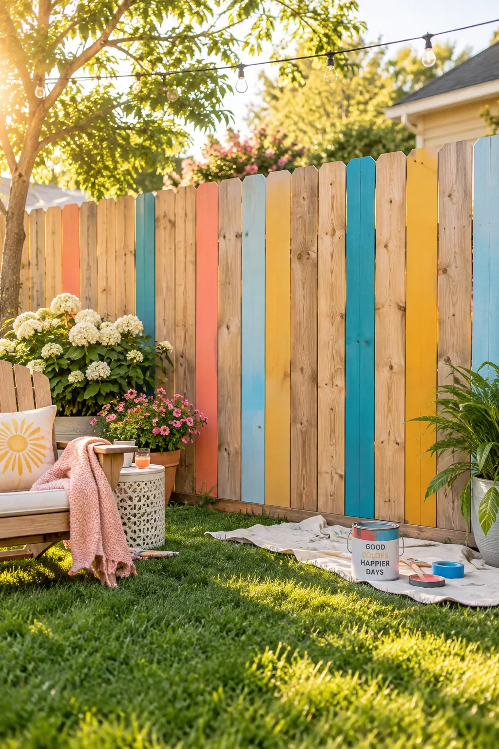 Wooden fence with randomly painted colorful vertical slats