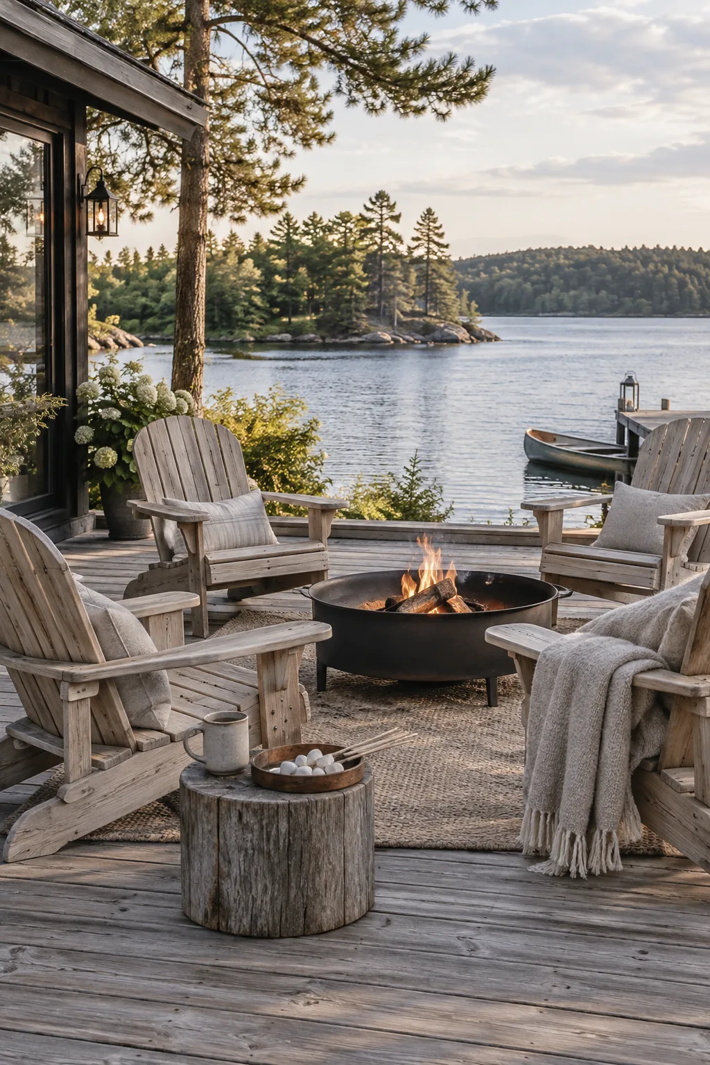 Four weathered wooden Adirondack chairs circling a rustic metal fire pit on a gravel patio.