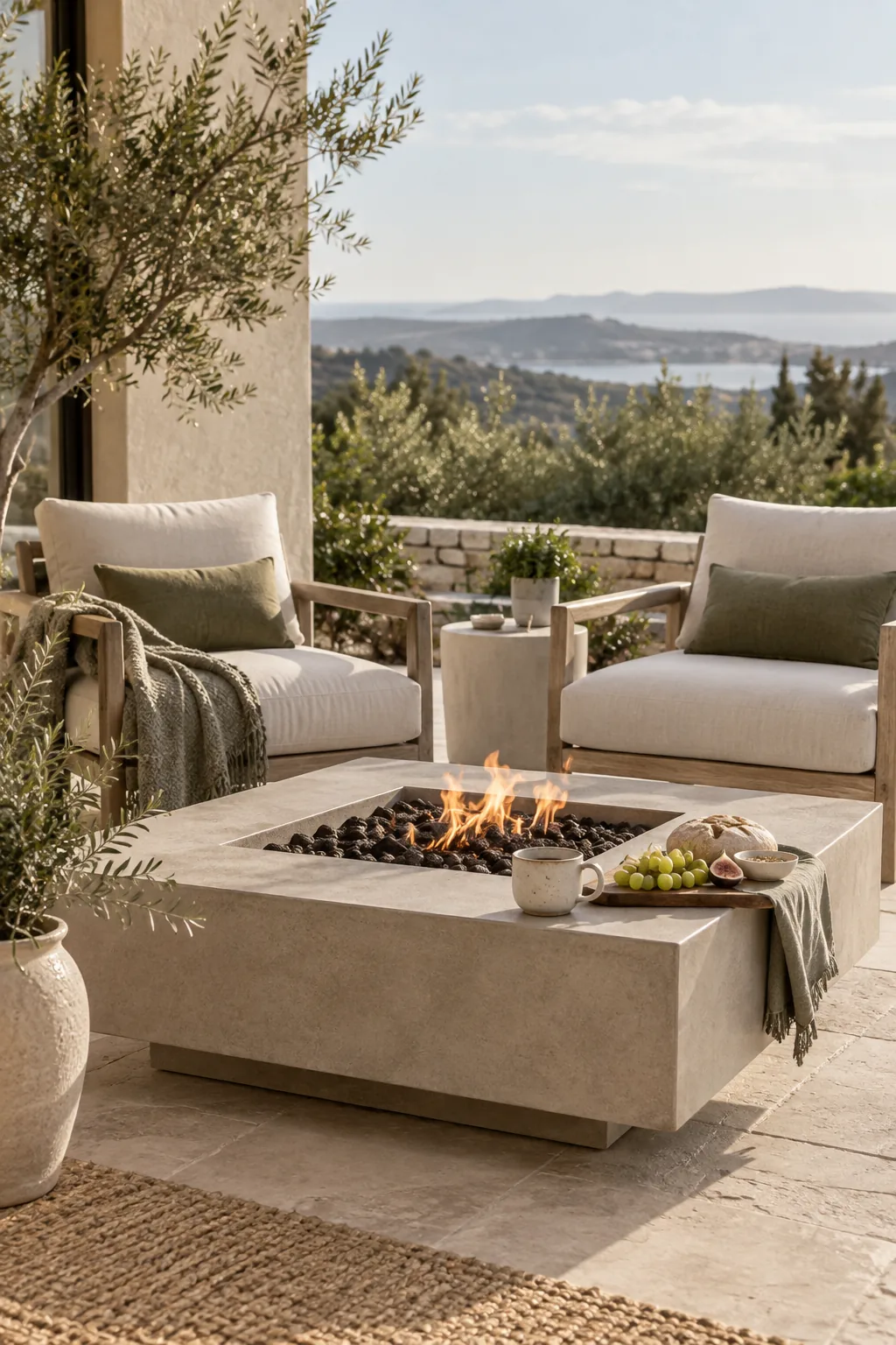 Plush outdoor club chairs positioned around a modern rectangular gas fire table.