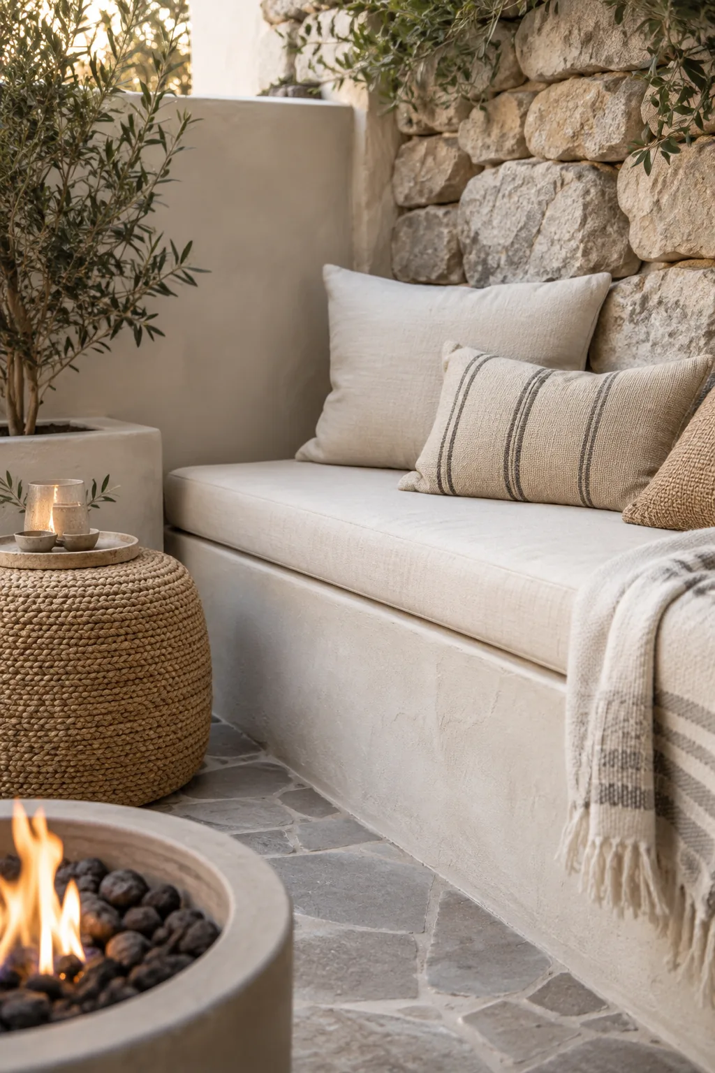A masonry retaining wall doubling as a built-in bench with custom cushions next to a fire pit.