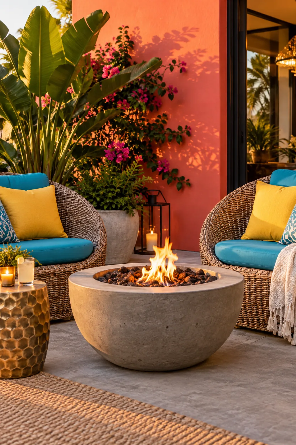 Woven wicker lounge chairs surrounding a minimalist concrete fire bowl on a wooden deck.