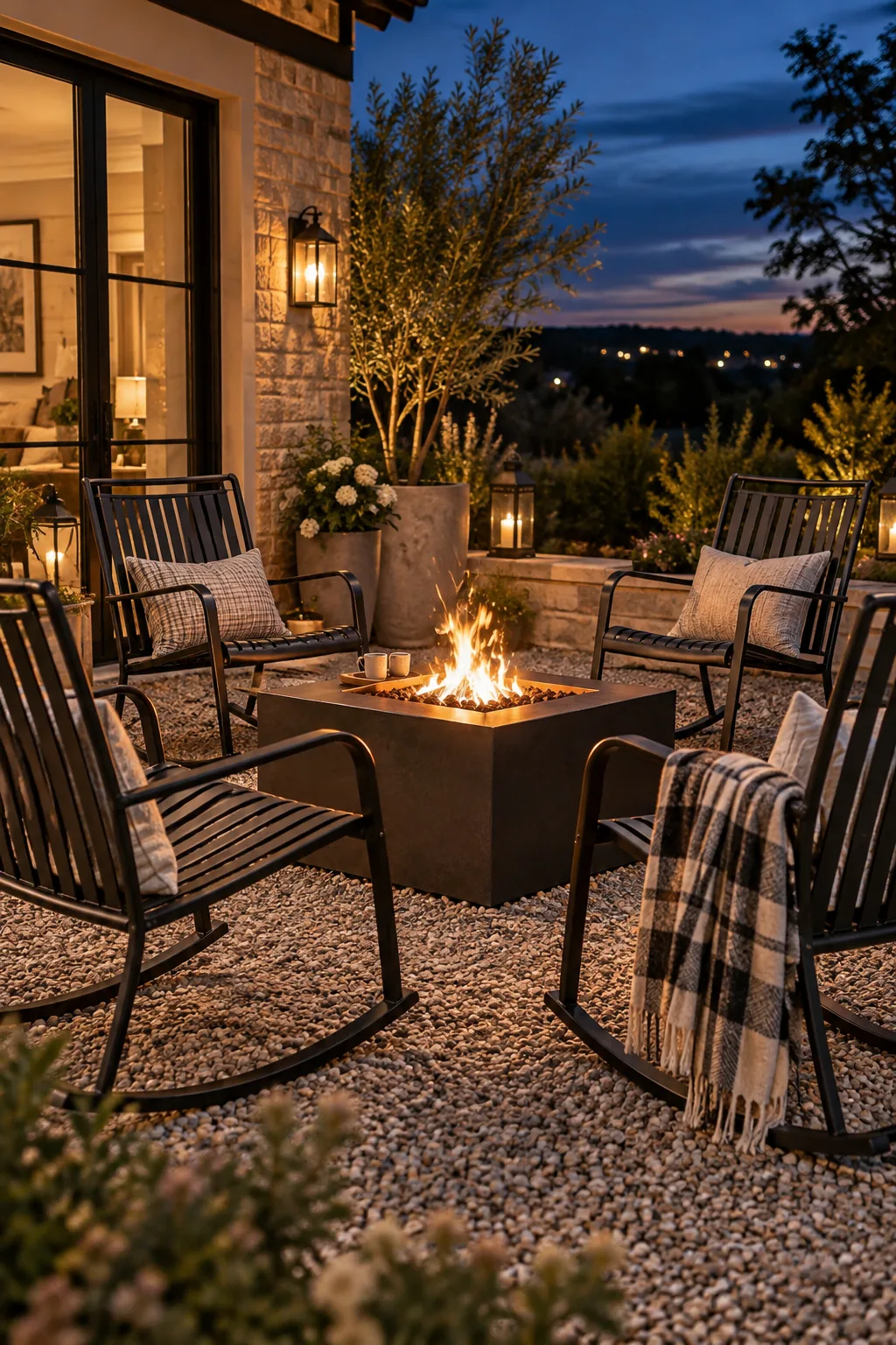 Four identical black metal rocking chairs arranged symmetrically around a square fire pit.
