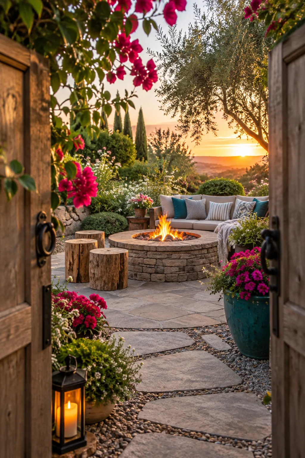 Sanded and sealed wooden log stumps used as seating around a campfire style fire pit.