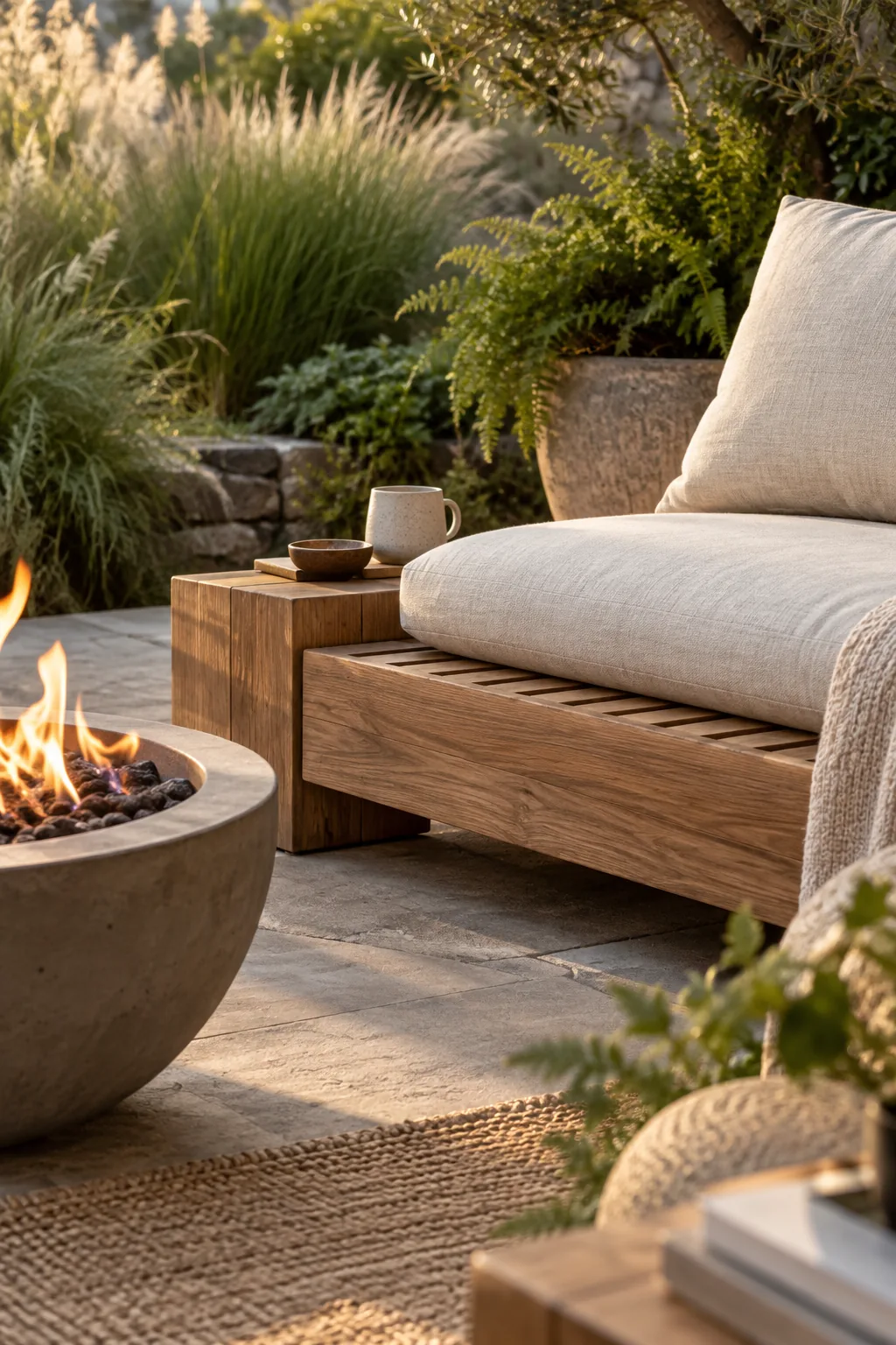 Low slatted teak wood outdoor sofas facing a modern low-profile fire pit.