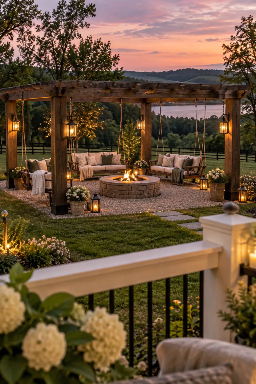A wooden pergola structure with four porch swings hanging around a central fire pit.
