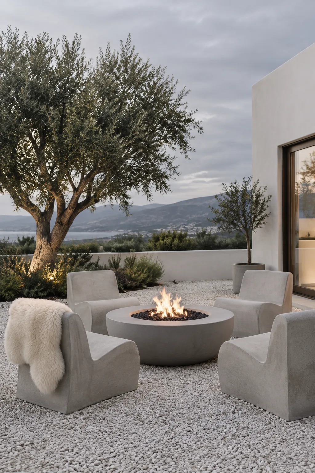 Minimalist armless concrete chairs with sheepskin throws around a modern fire feature.
