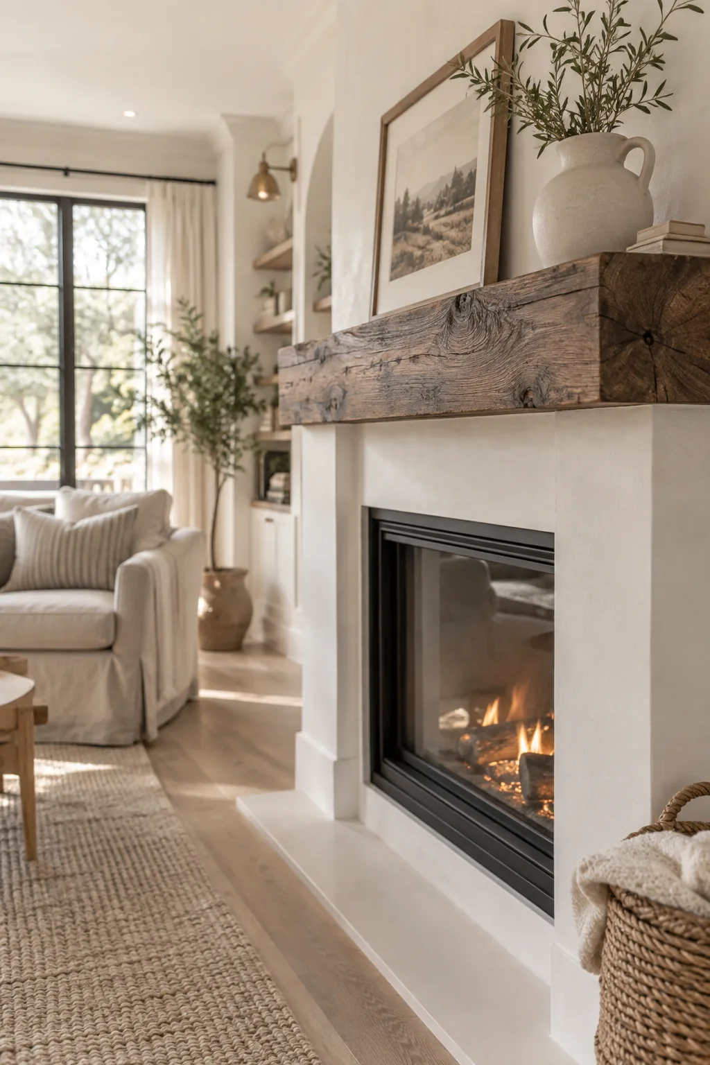 A thick stained wood hollow mantel being slipped over an existing thin white mantel