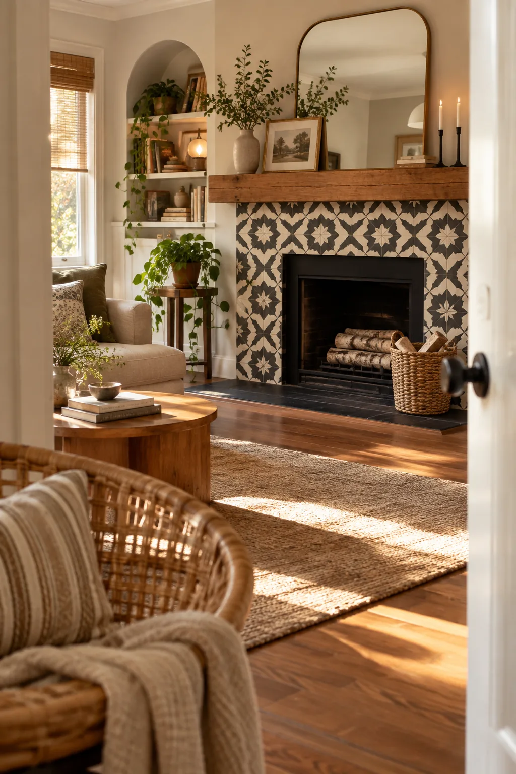 Applying patterned peel and stick tiles over an old green ceramic fireplace surround