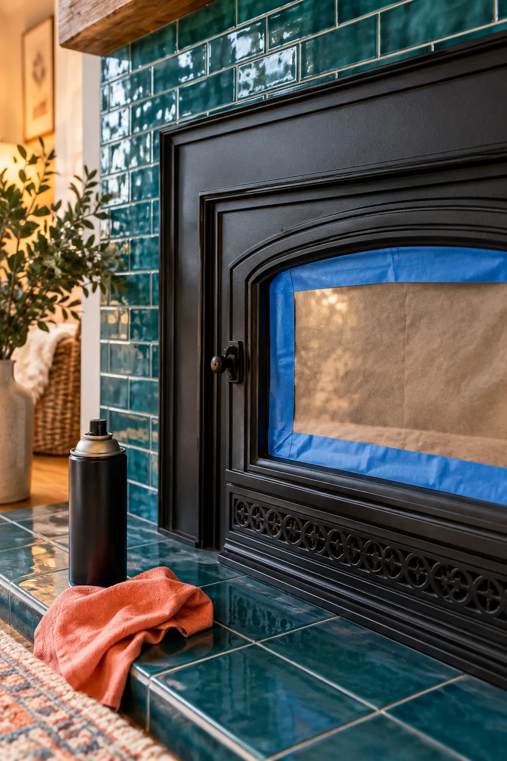 Shiny brass fireplace trim being sprayed with matte black high-heat paint