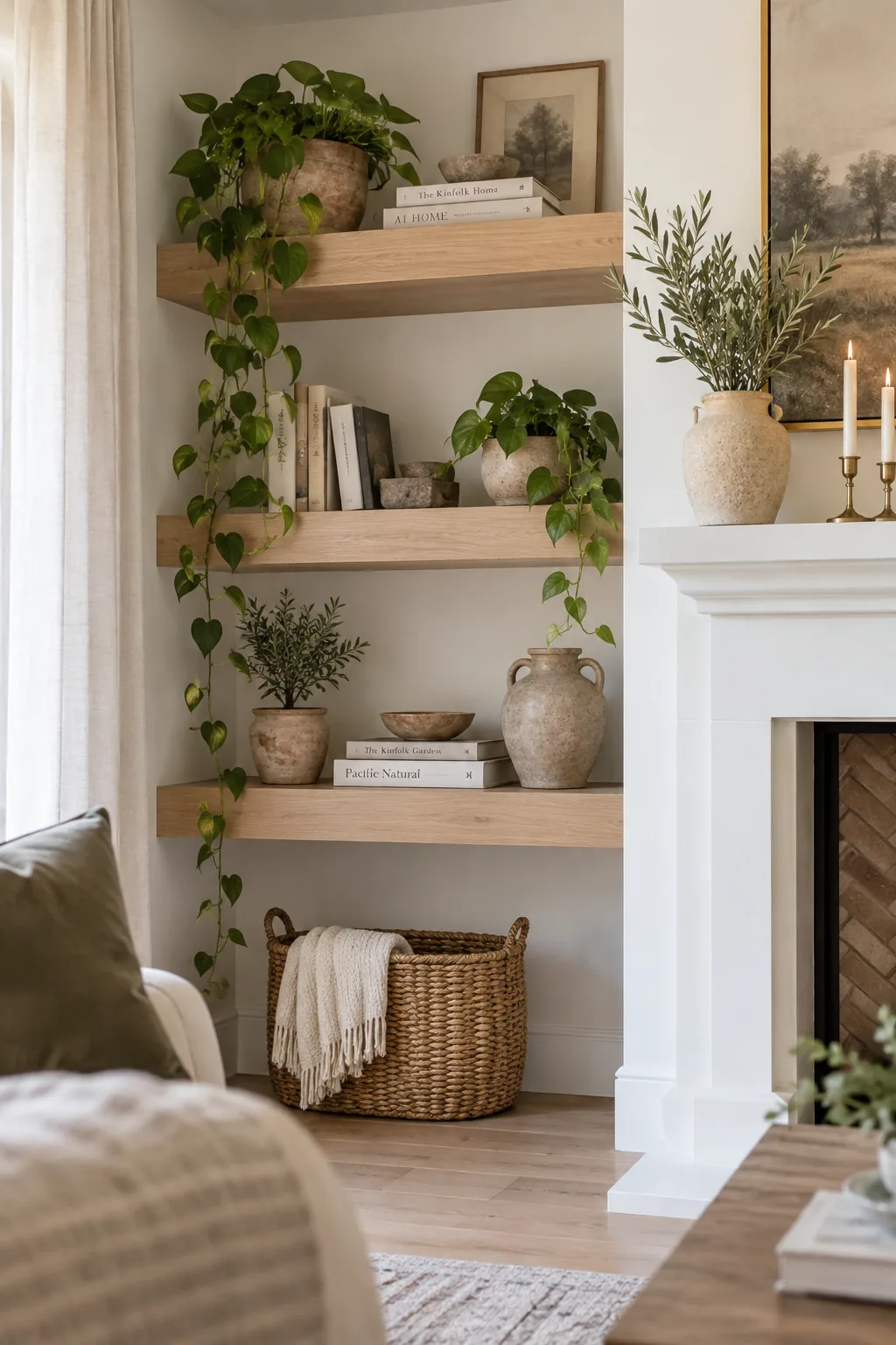 Thick wooden floating shelves installed in the alcoves next to a painted brick fireplace