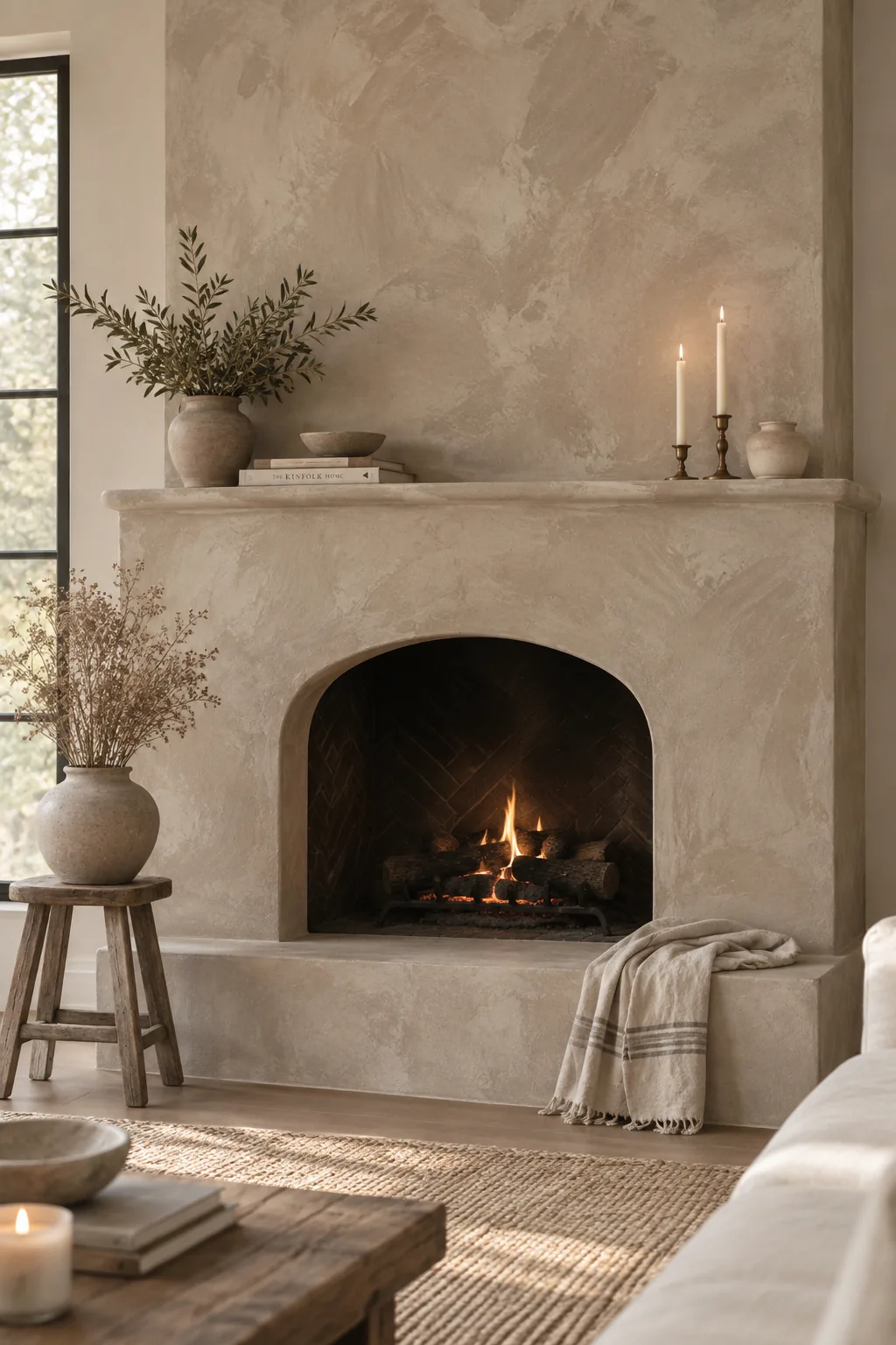Troweling a smooth, mottled Roman clay finish over a fireplace wall