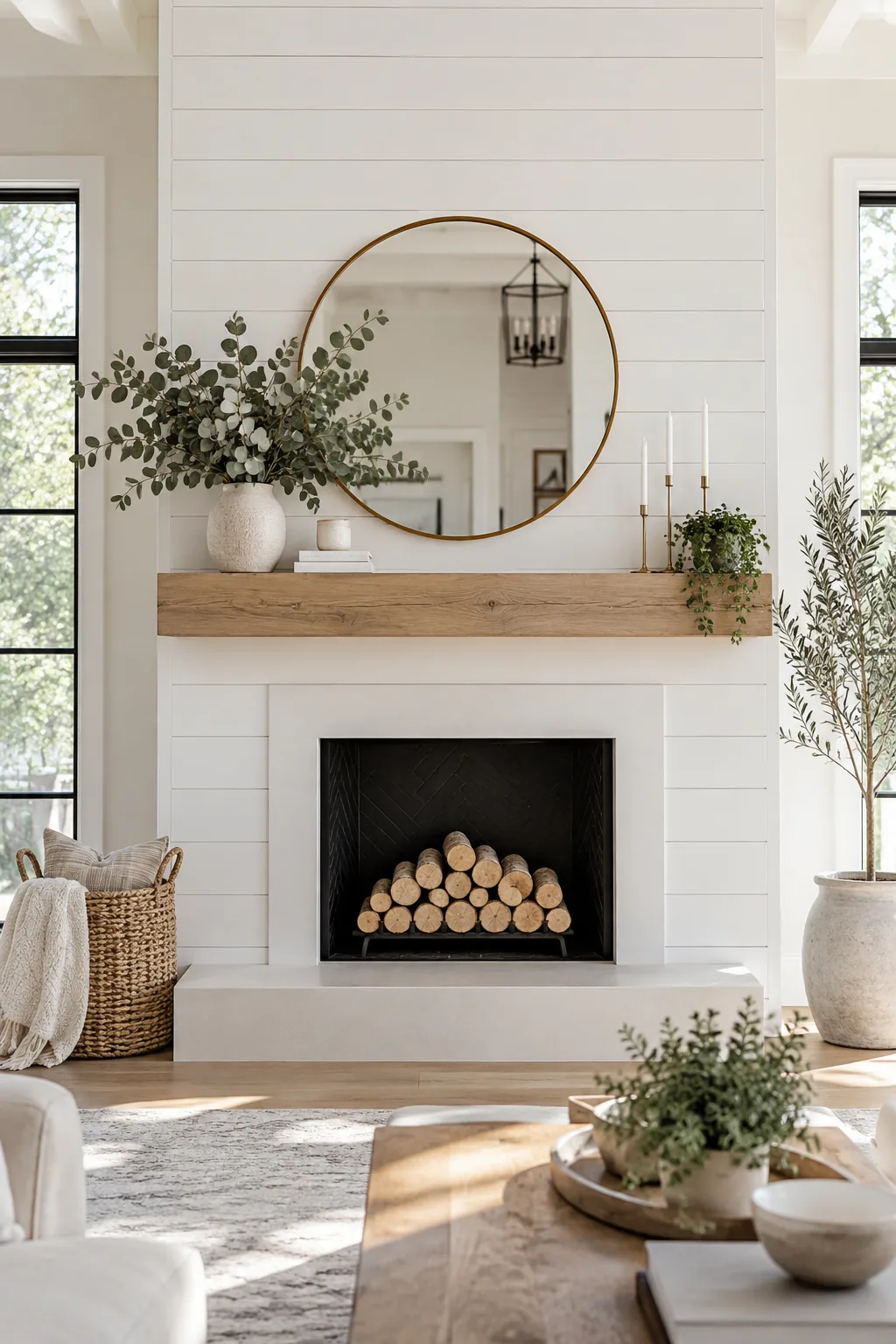 White horizontal shiplap boards installed above a wooden fireplace mantel