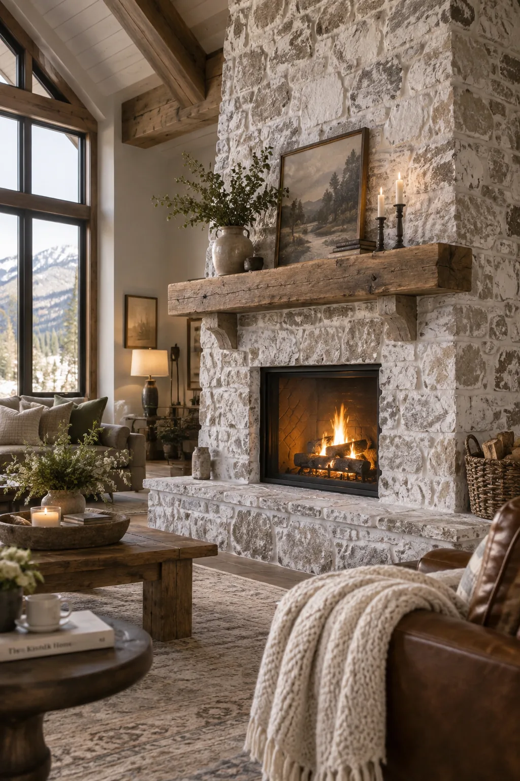 Brushing a thin white paint wash over dark river rock fireplace stones
