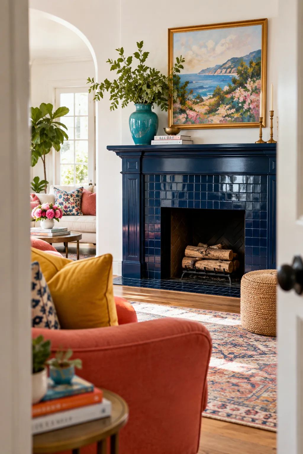 Rolling dark charcoal paint over a dated beige tile fireplace surround
