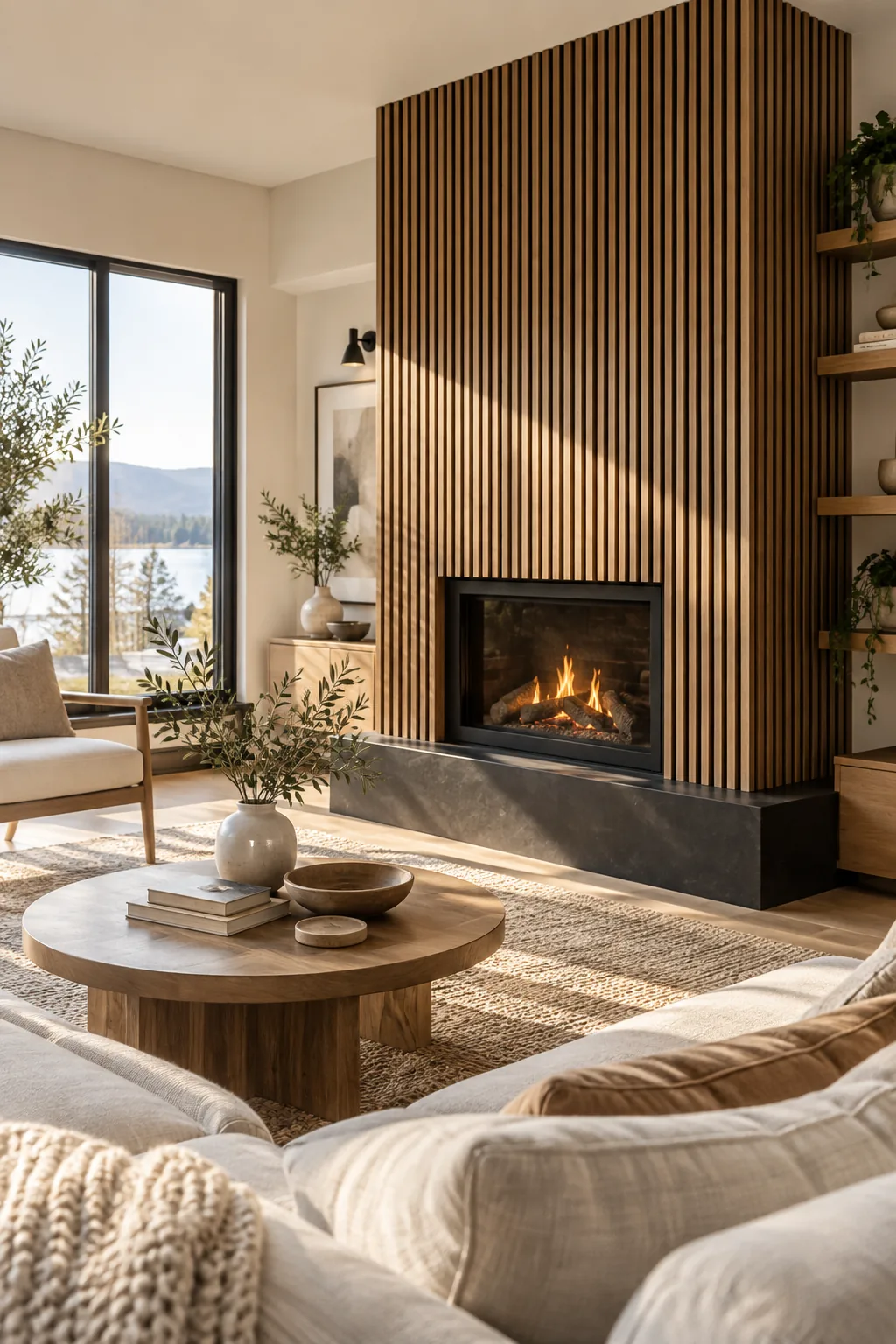 Vertical wood slats installed over a dark background above a modern fireplace