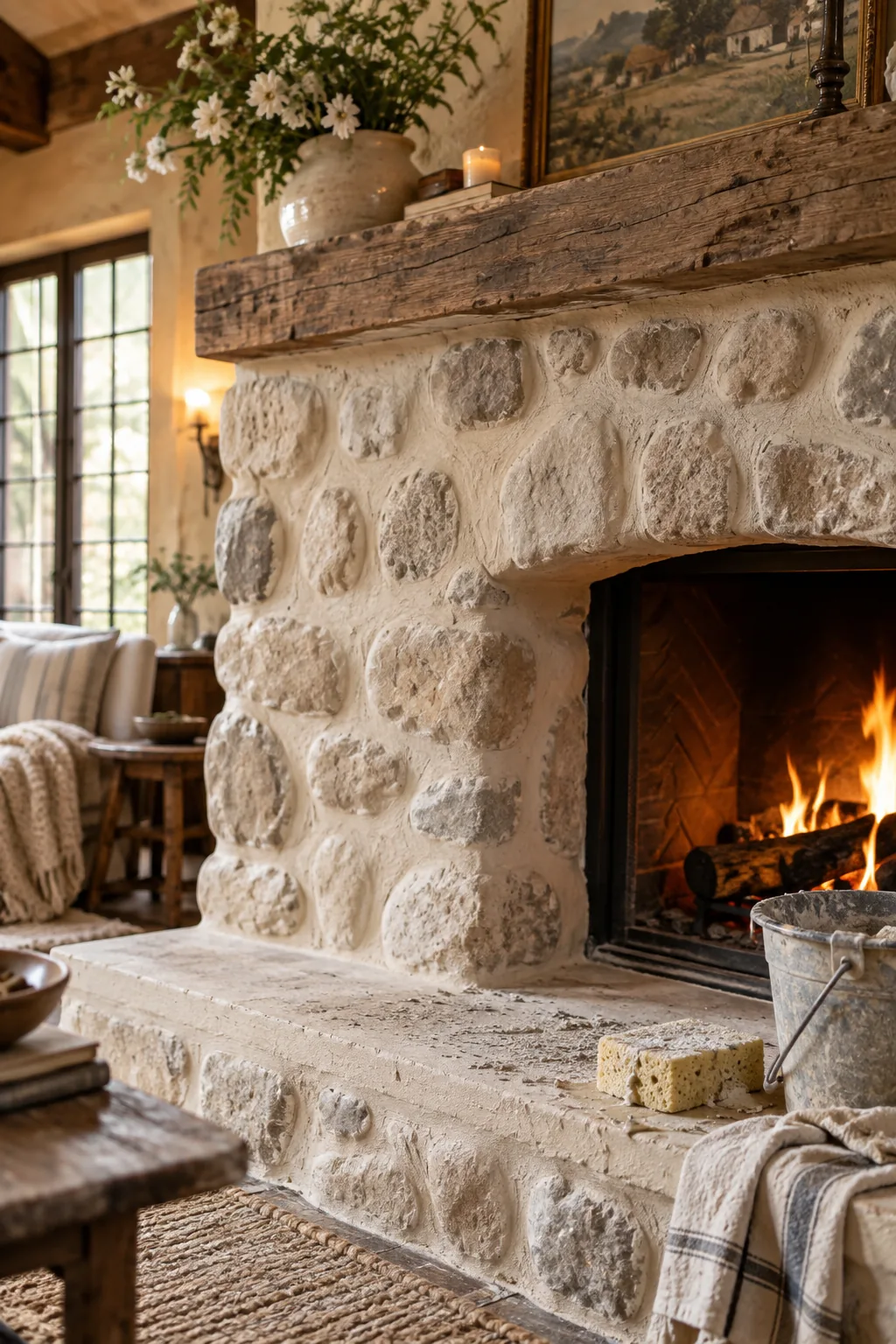 Applying thick white mortar between fireplace stones to create an over-grouted look