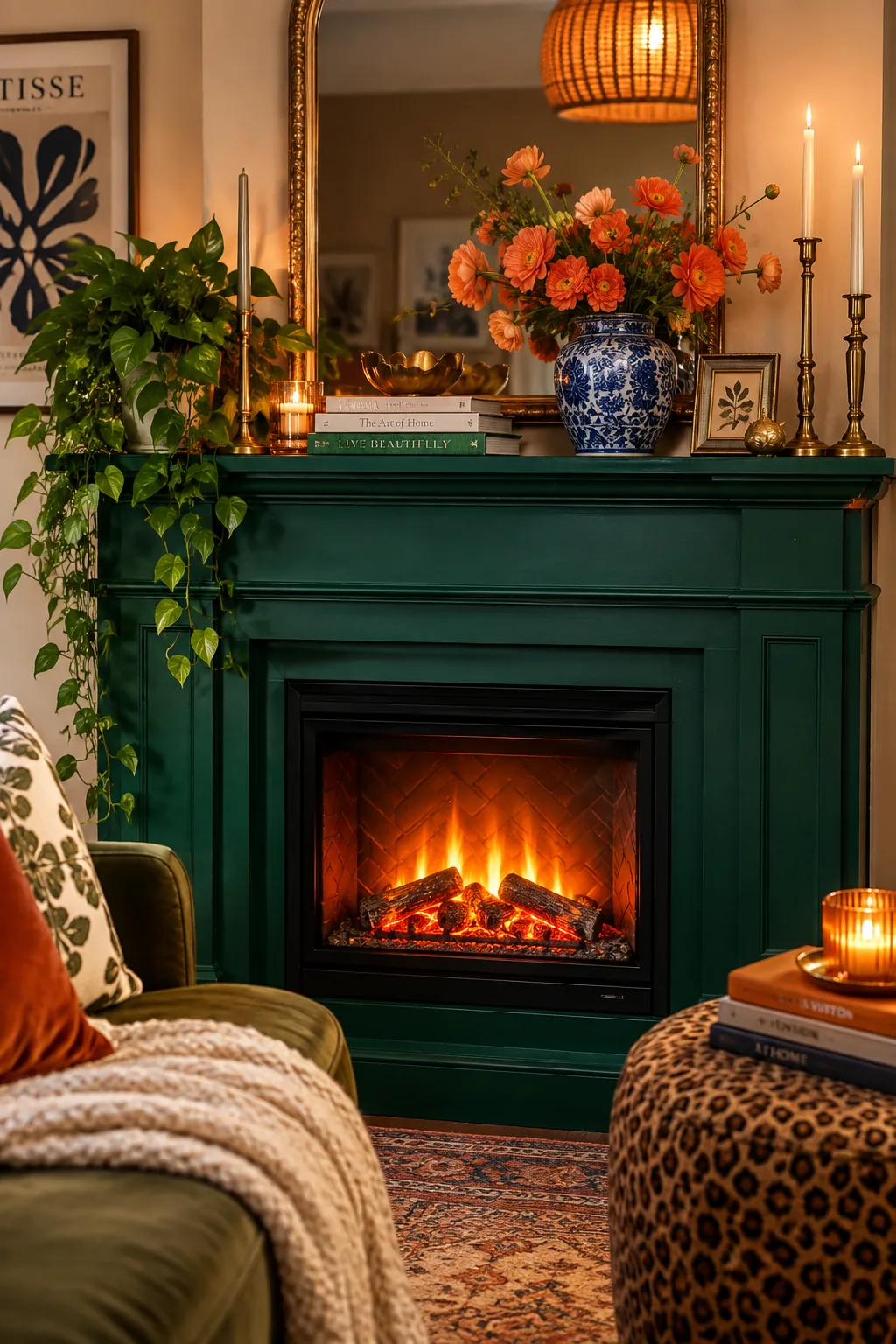 A DIY faux fireplace built from MDF with an electric insert glowing inside