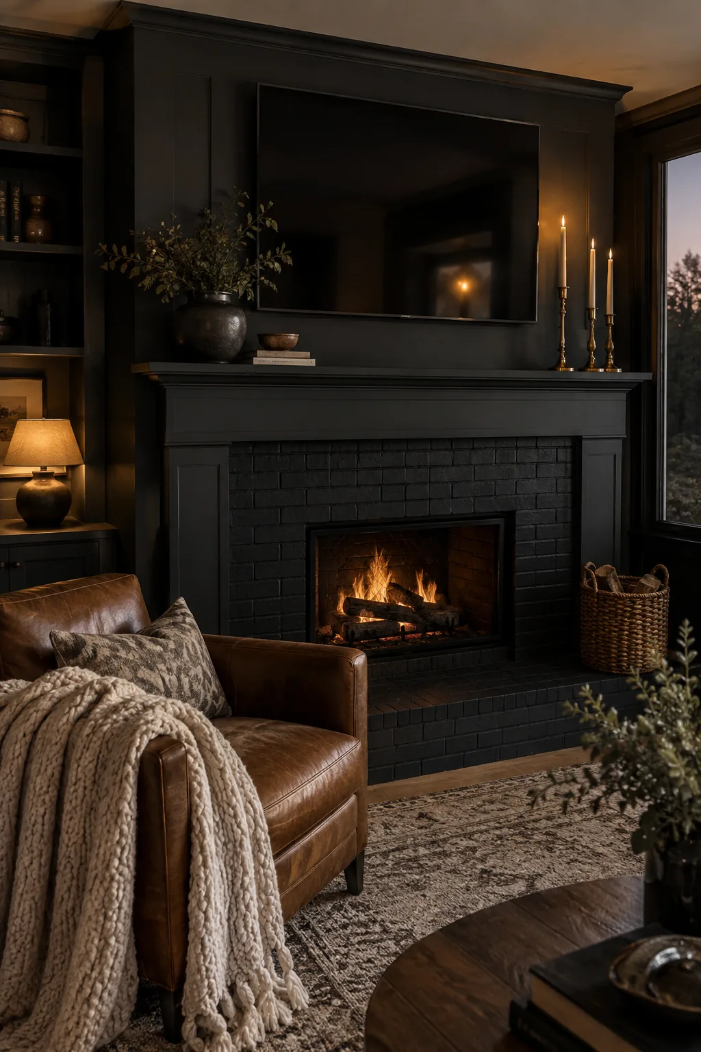 A completely black painted brick fireplace and mantel with brass accents