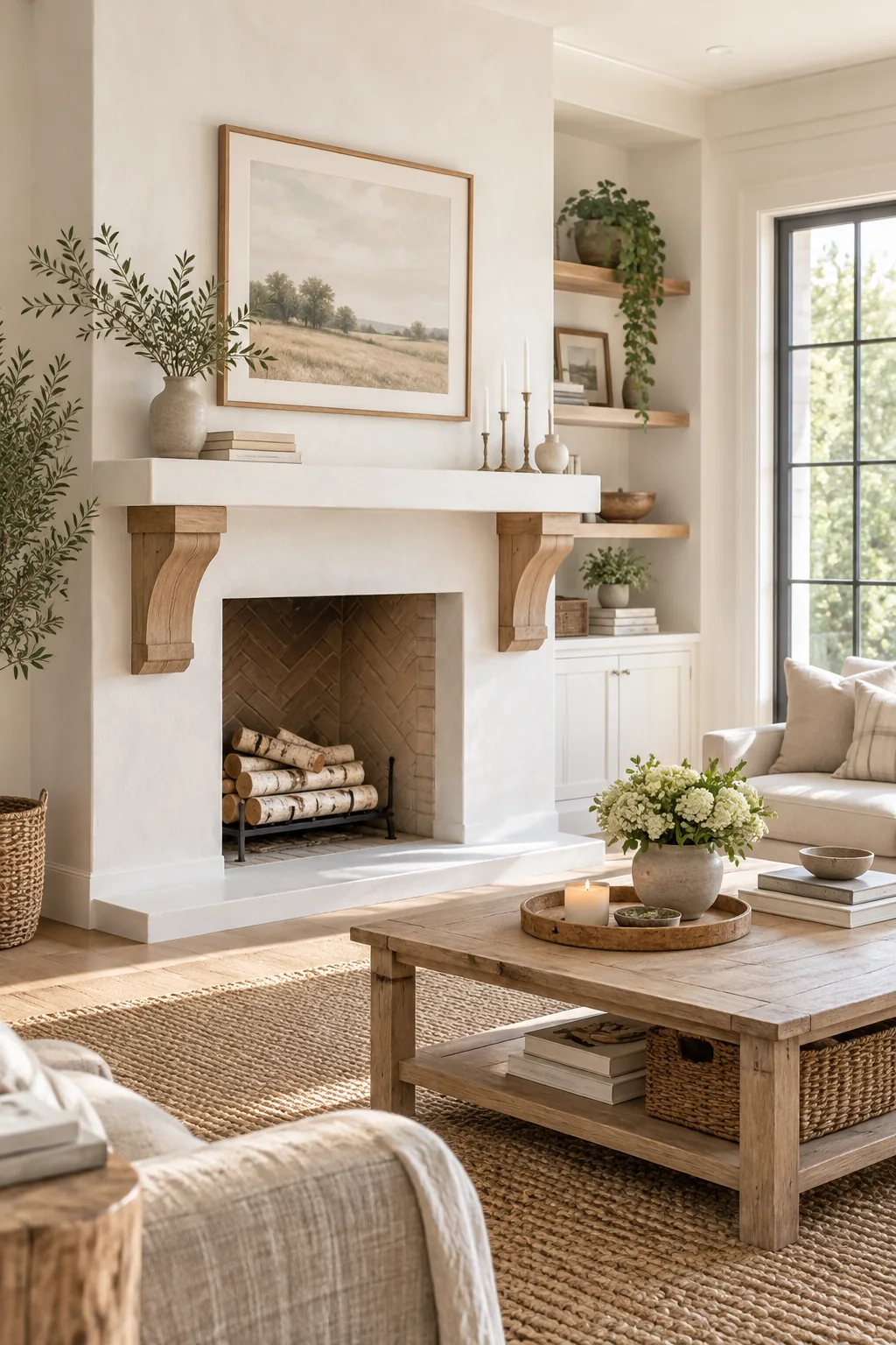 Thick wooden corbels installed underneath a previously floating fireplace mantel