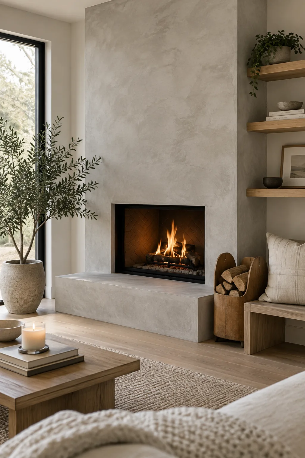 Troweling a feather-finish concrete skim coat over old fireplace tiles