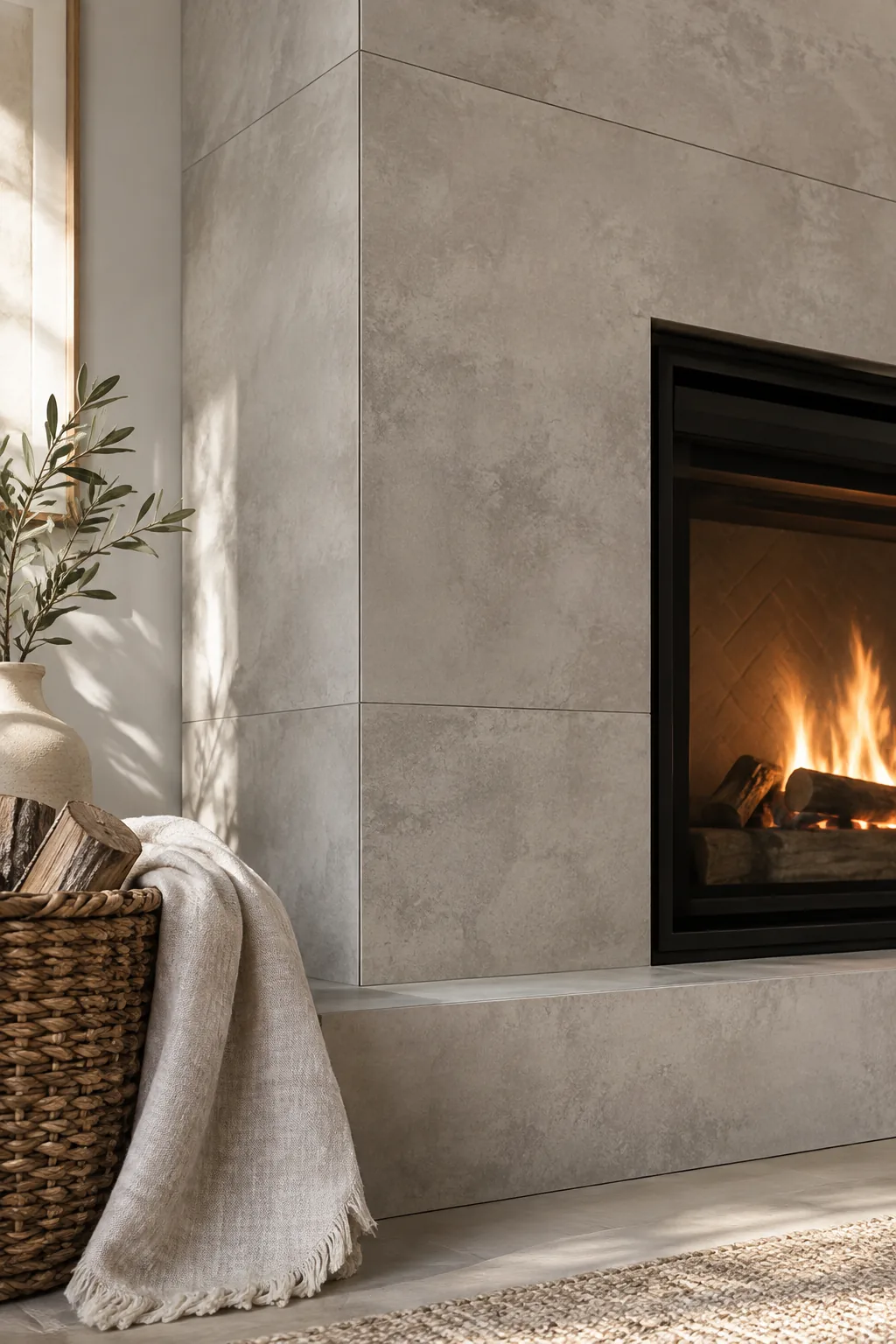 A tall fireplace surrounded by large format concrete-look porcelain tiles in a modern living room.