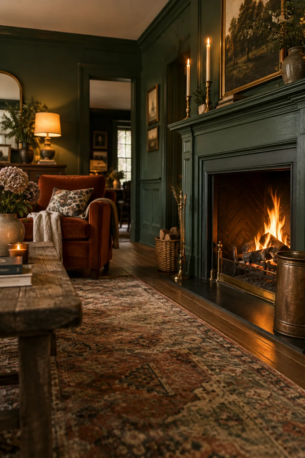 A living room fireplace and mantel painted entirely in a dark charcoal matte finish.