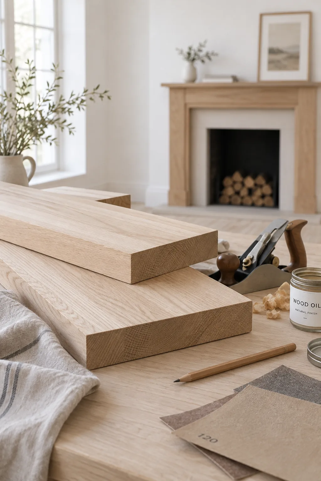 A fireplace surrounded by light natural white oak wood boards in a bright white room.