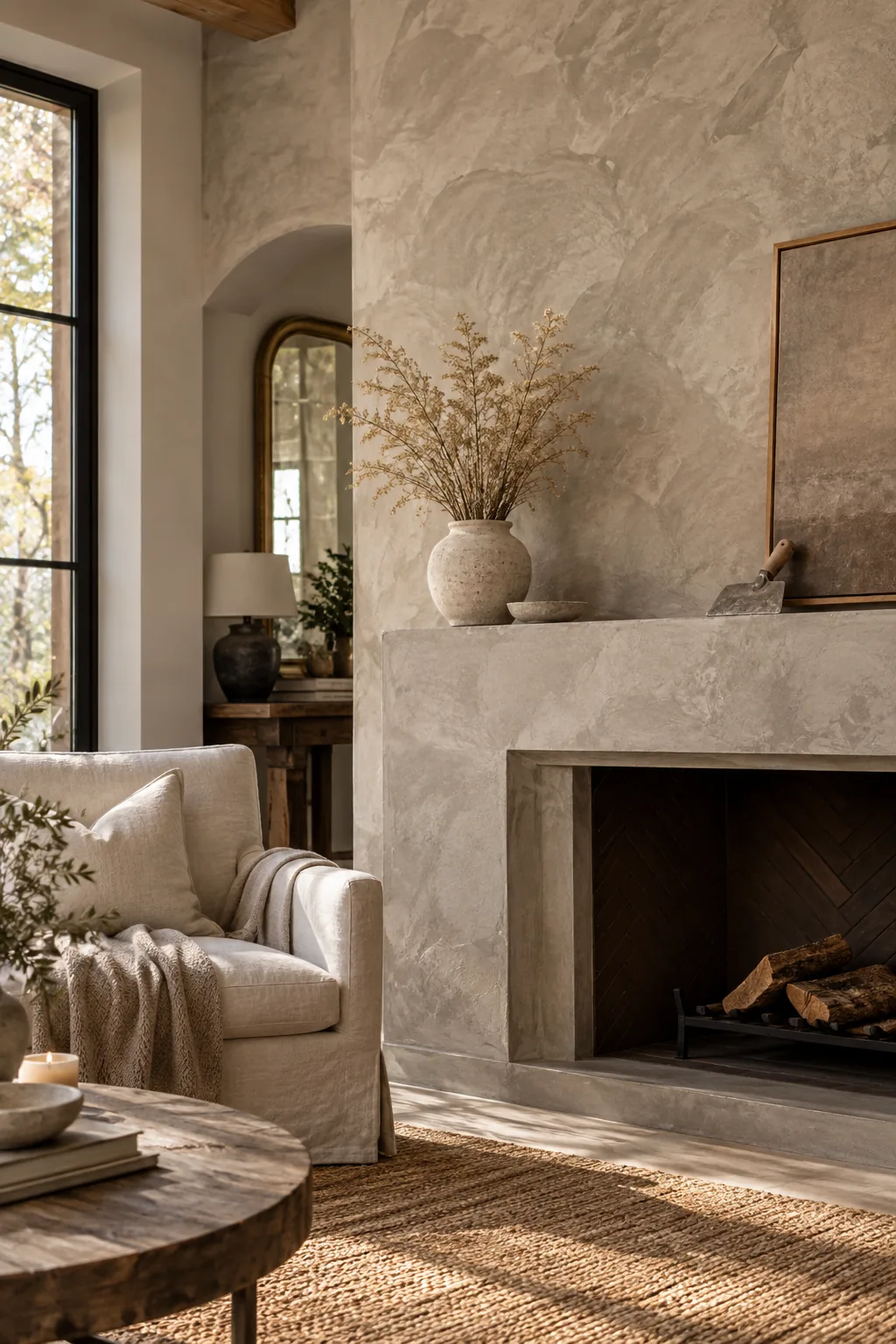 A fireplace surround finished in a soft, mottled beige Roman clay texture.