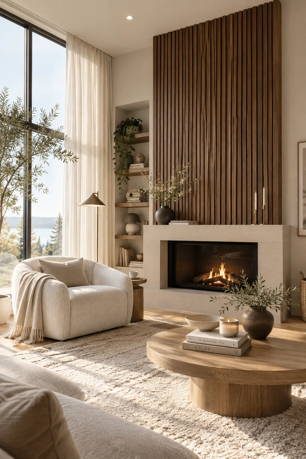 A mid-century modern fireplace featuring vertical walnut wood slats running to the ceiling.
