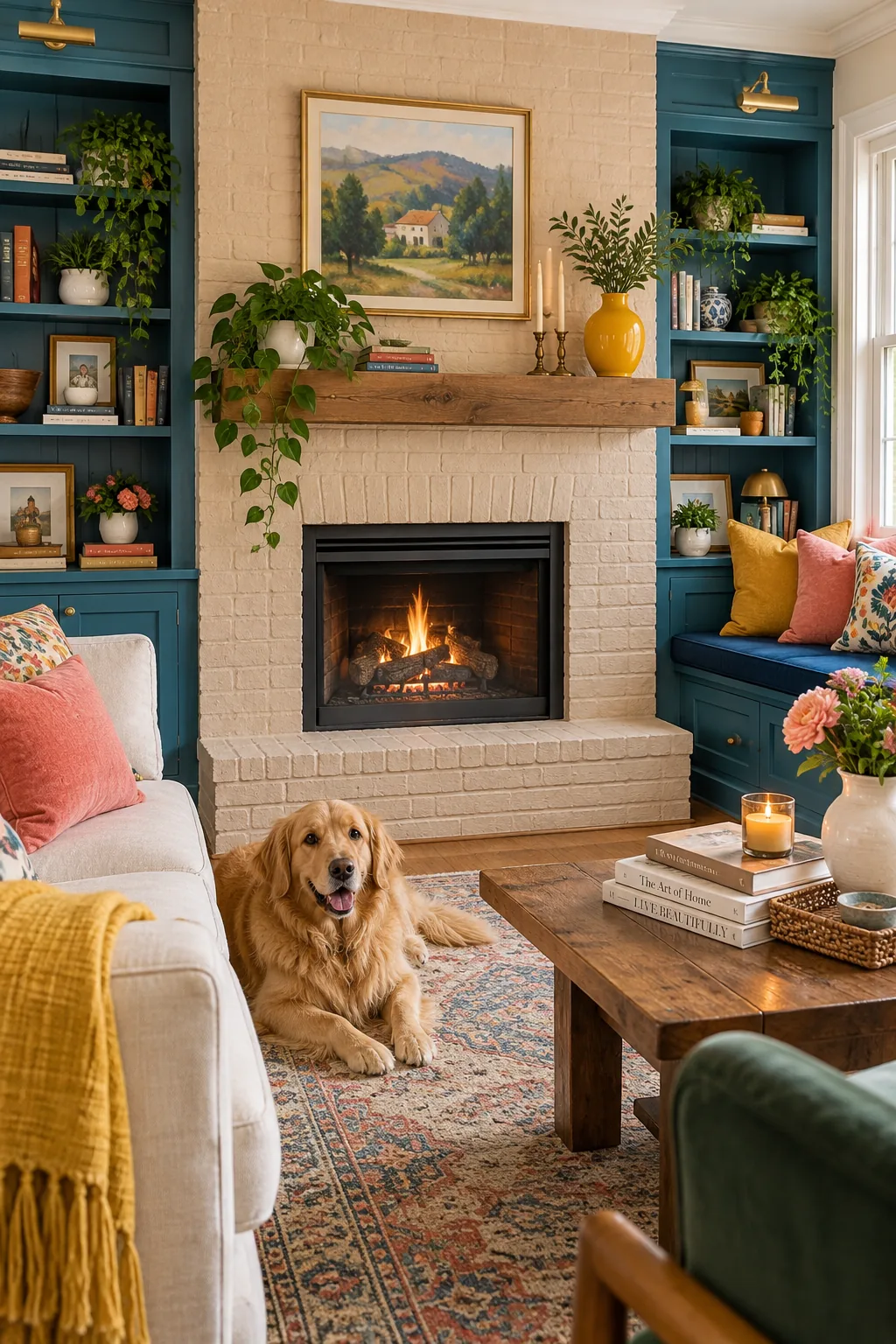 A classic brick fireplace painted in a solid warm beige color.