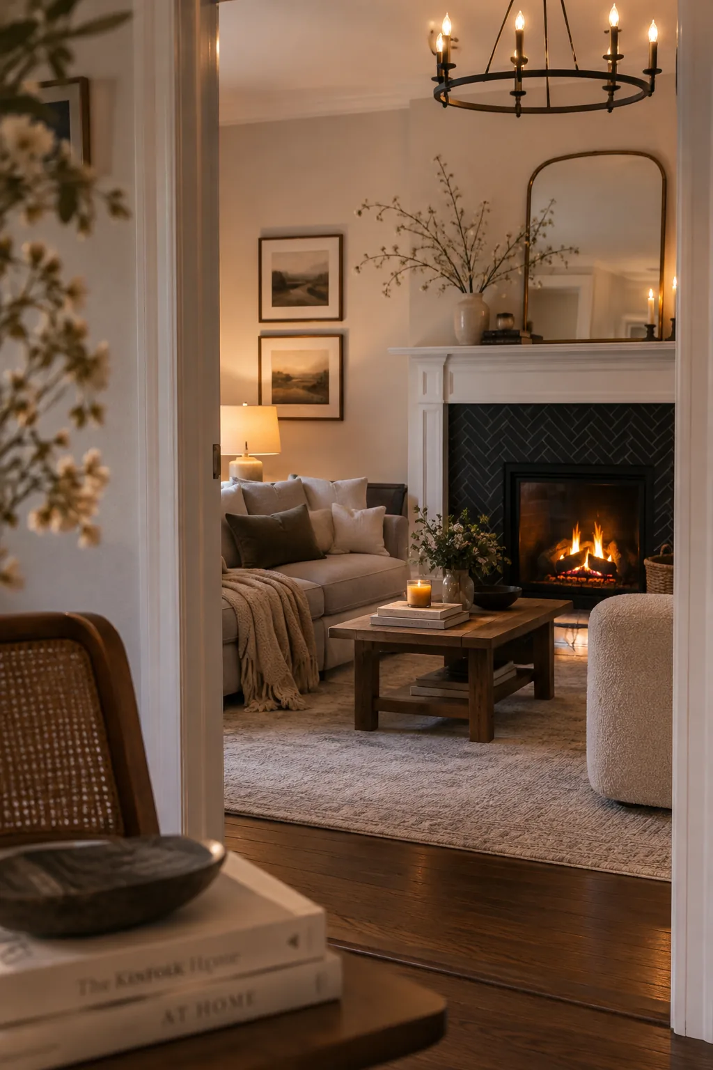 A fireplace firebox framed with black rectangular tiles laid in a herringbone pattern.