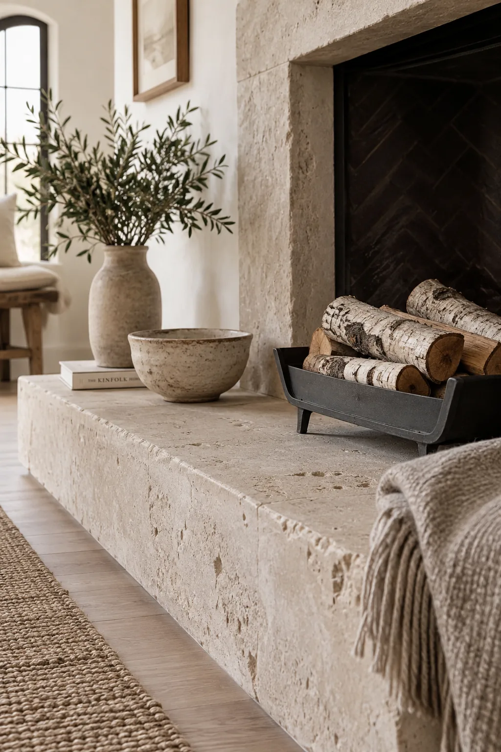 A fireplace with an extra-wide unpolished limestone surround and a long hearth.