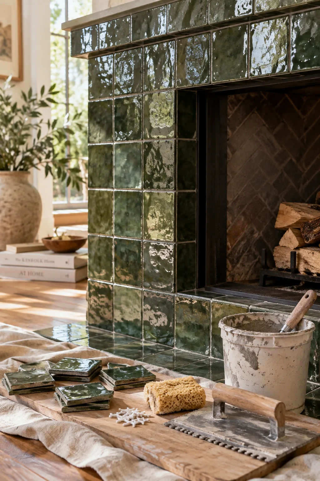 A fireplace surround covered in glossy, uneven square Moroccan Zellige tiles.