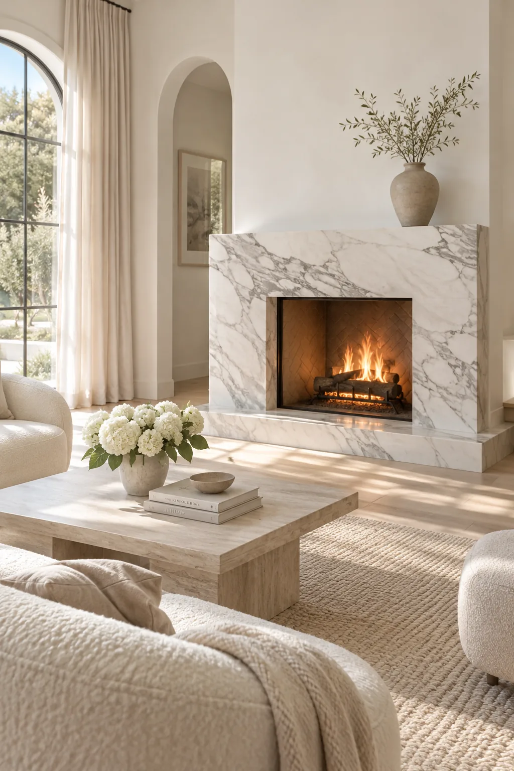 A modern fireplace surrounded by a single large slab of gray veined marble.