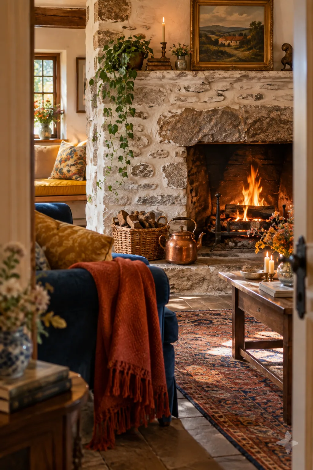 A rustic fireplace made of fieldstone with heavy, messy mortar smeared over the stones.