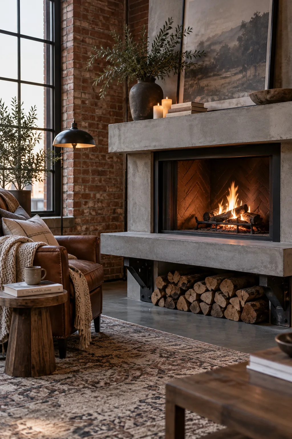 A modern fireplace featuring a thick, smooth floating concrete hearth.