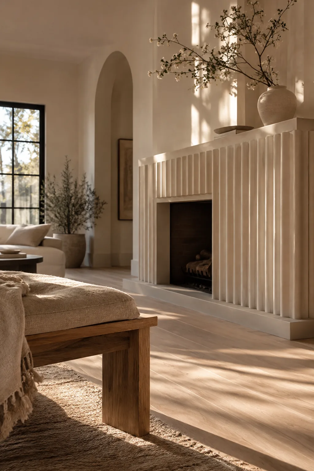 A fireplace surround featuring vertical fluted ridges made of white plaster.