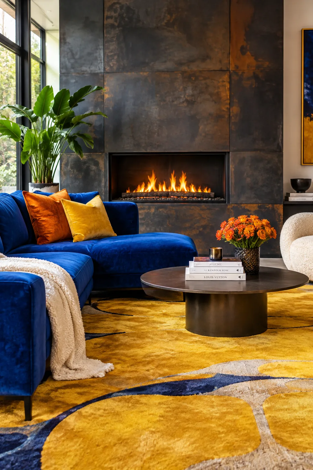 A minimalist fireplace surrounded by dark, slightly oxidized large steel panels.
