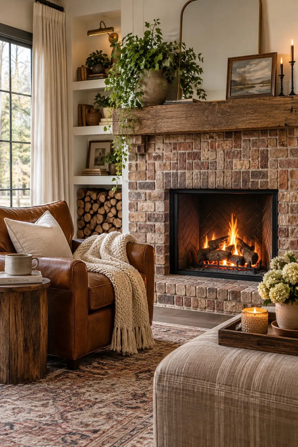 A fireplace surround built with weathered reclaimed red bricks laid in a basketweave pattern.