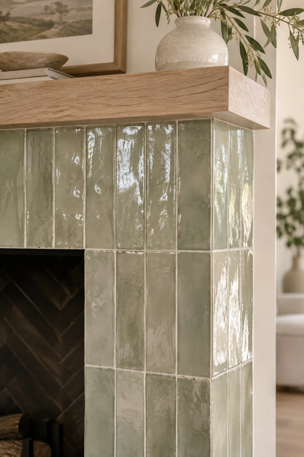 Glossy white zellige tiles stacked vertically on a fireplace surround.