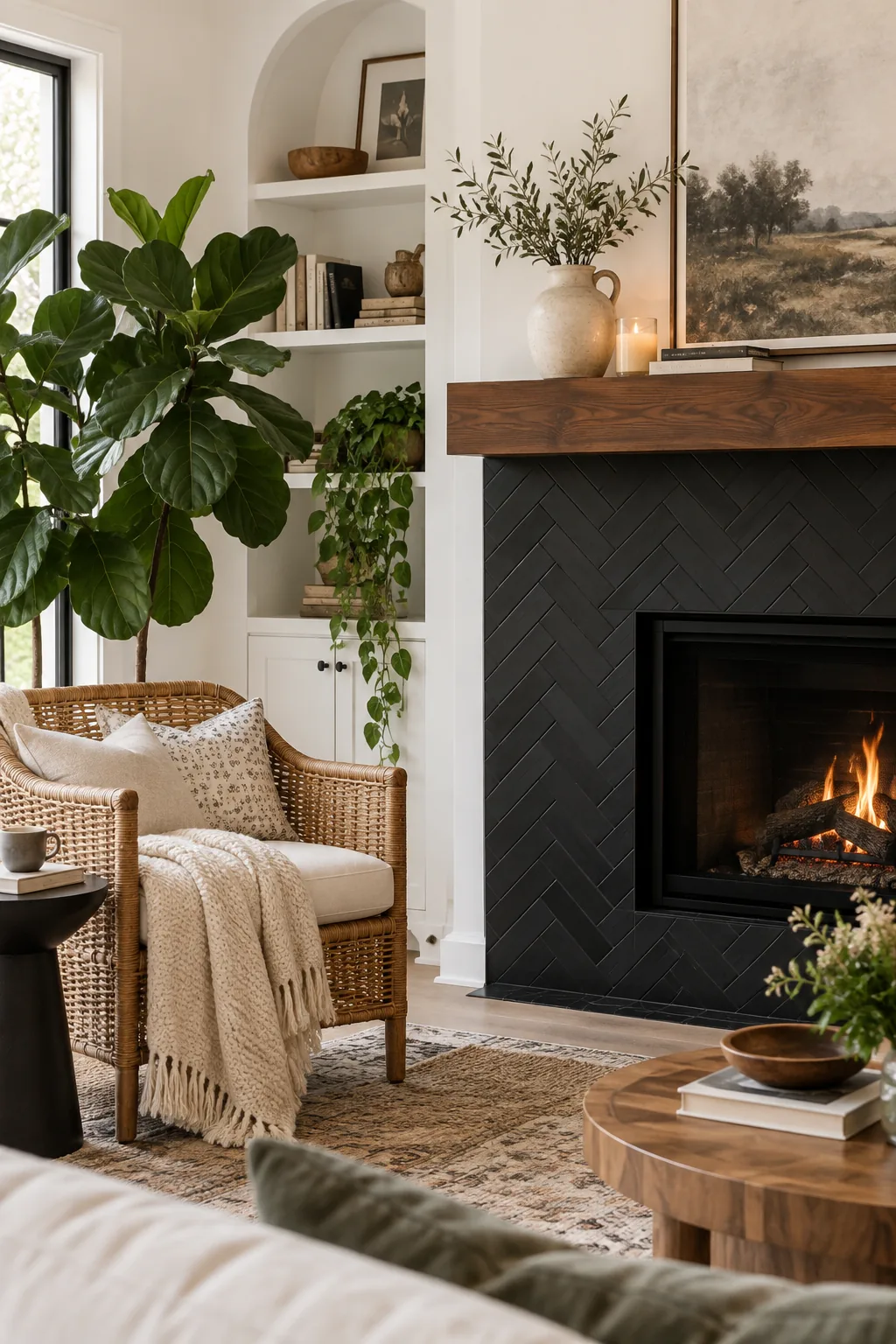 Matte black herringbone tiles on a fireplace with a wood mantel.