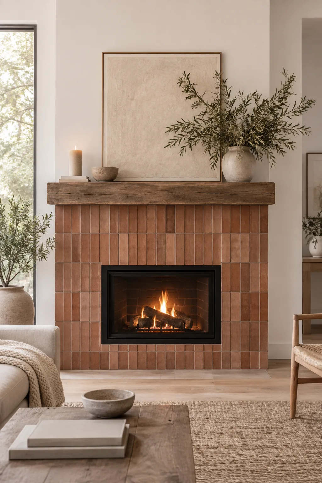 Earthy terracotta tiles framing a fireplace with a chunky wood mantel.